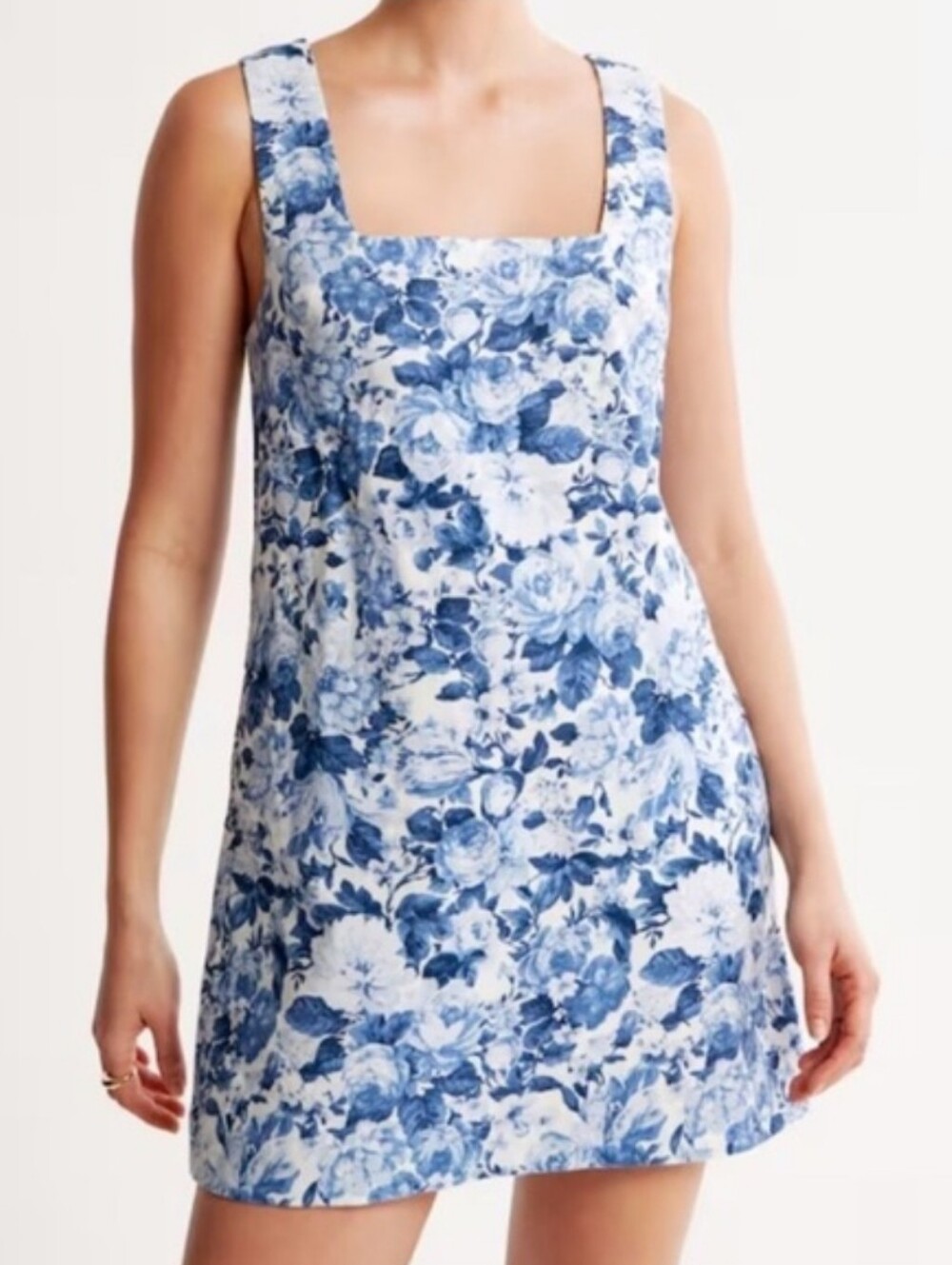Abercrombie & Fitch Linen Wide Strap Mini Dress XLT Square Neck Blue White